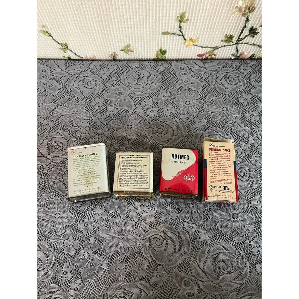 Vintage Spice Tin Lot of 4 McCormick French's IGA Nutmeg Sage Parsley Pickling